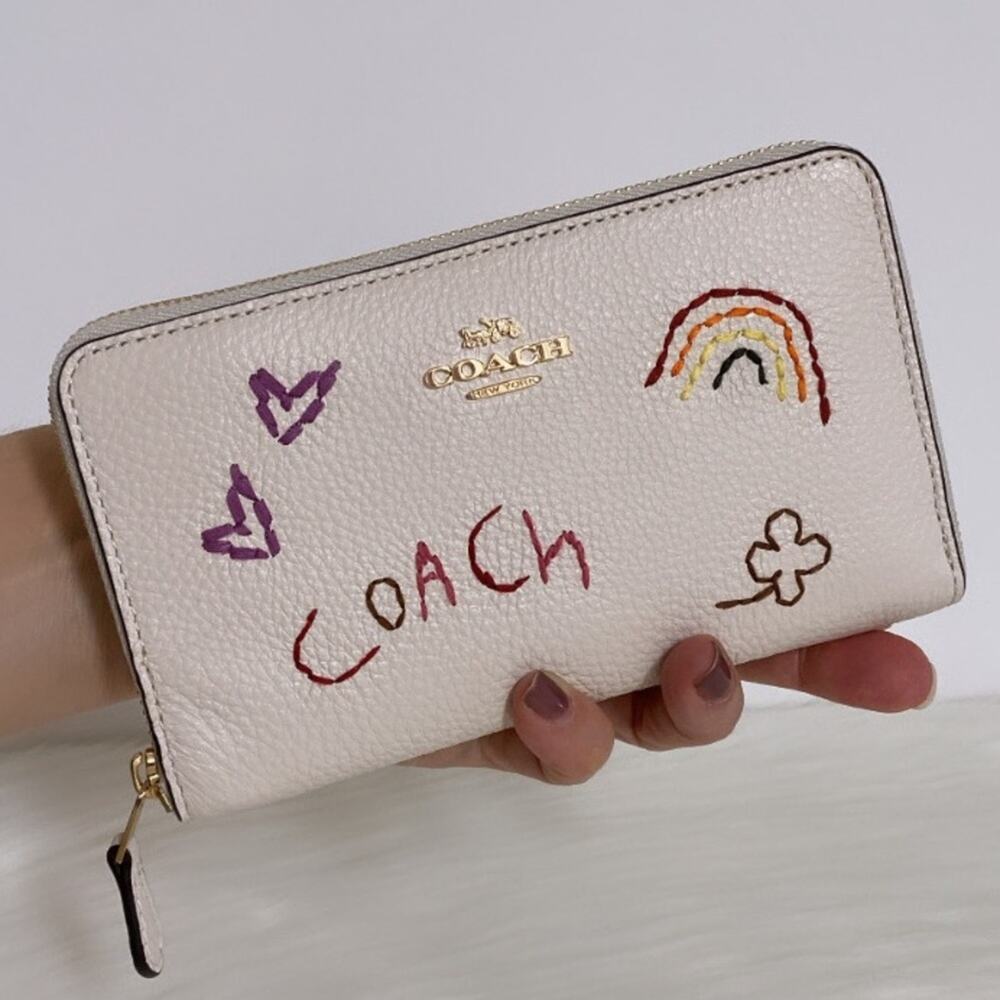 New Coach Medium Id Zip Wallet With Diary Embroidery/White/Leather
